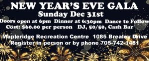 New Year's Eve Gala, Sunday, Dec 31 Doors open at 6 pm;; Dinner at 6:30 pm; dance to follow ; Cost $60 per person